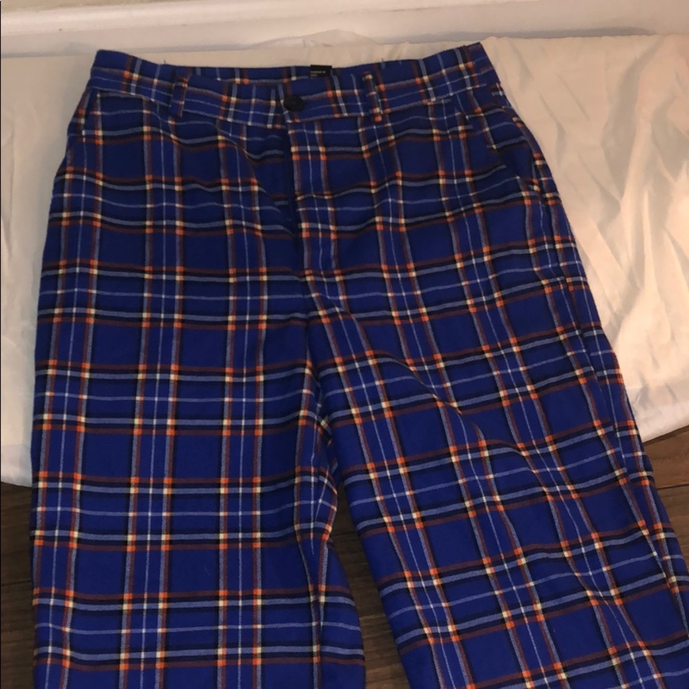 Blue/orange/white plaid pants